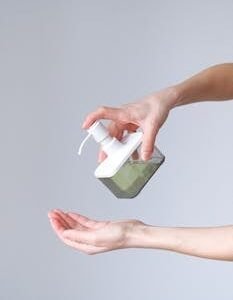 Close-up of a person applying liquid soap for hand hygiene. Indoors, bright lighting.